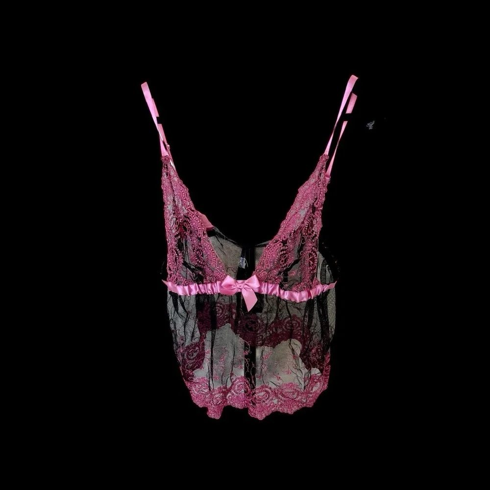 Fredericks of Hollywood Vintage Lingerie Top Sm/Med Pink Black Mesh Babydoll‎